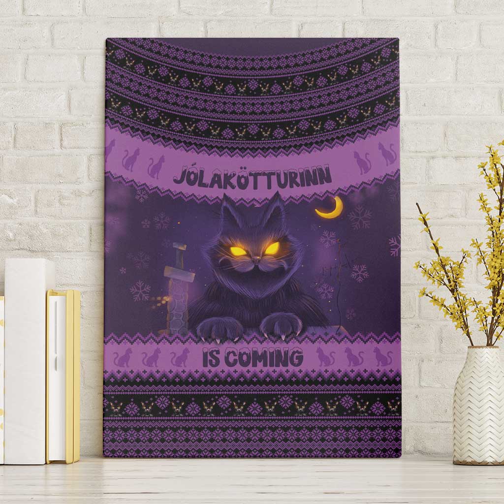 Dark purple Christmas canvas wall art with glowing cat, Nordic pattern and "IS COMING"