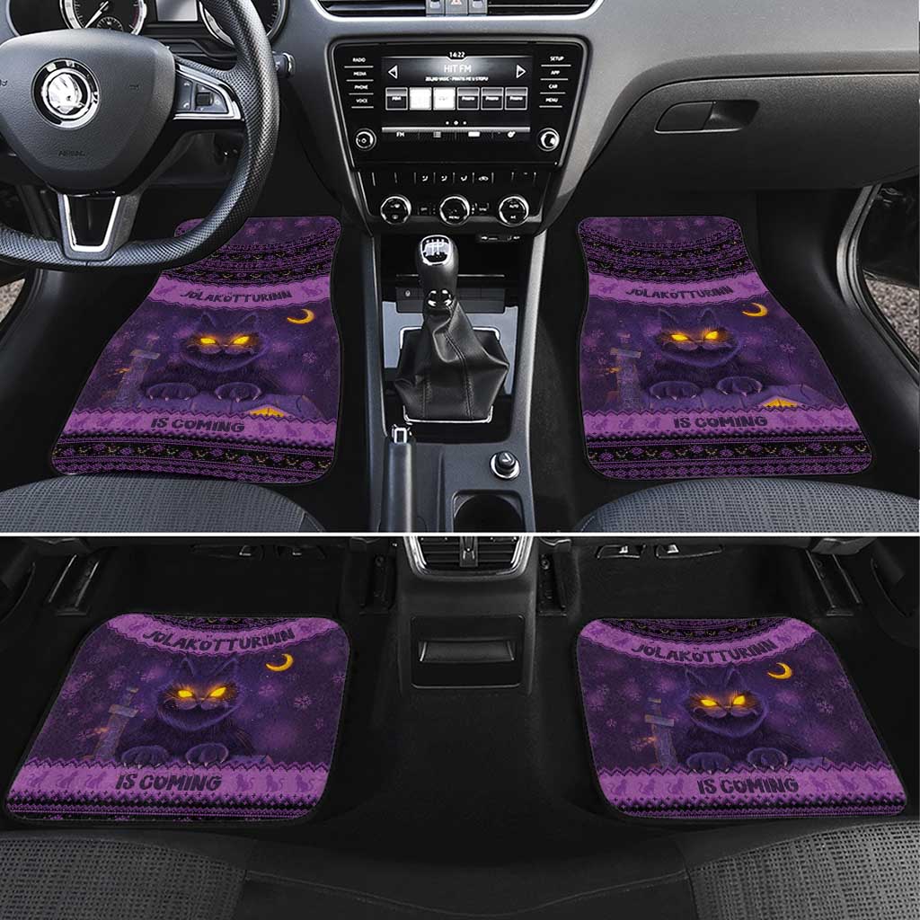 Dark purple cat Christmas car floor mats, Nordic yule pattern with glowing eyes
