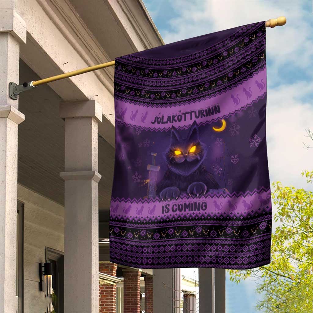 Dark purple Christmas garden flag with glowing cat, Nordic pattern, and 'IS COMING' text