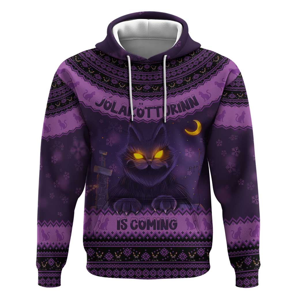 Dark purple pullover hoodie with cat face graphic and Nordic pattern, 'IS COMING' text