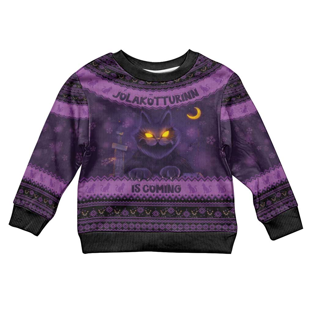 Kids dark purple ugly Christmas sweater with glowing cat face, moon, and Nordic border