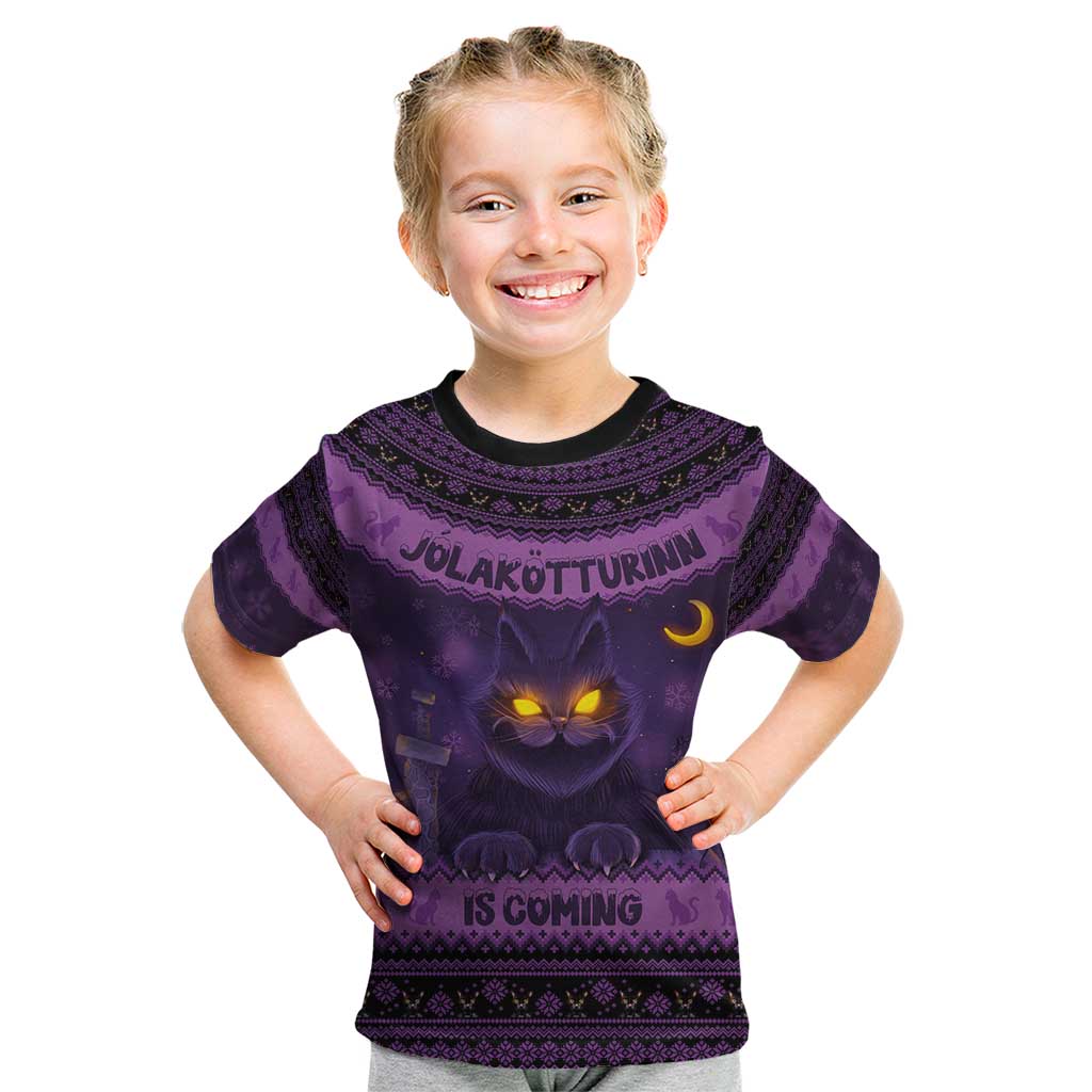 Kids dark purple graphic T-shirt with glowing cat face and Nordic pattern, front IS COMING