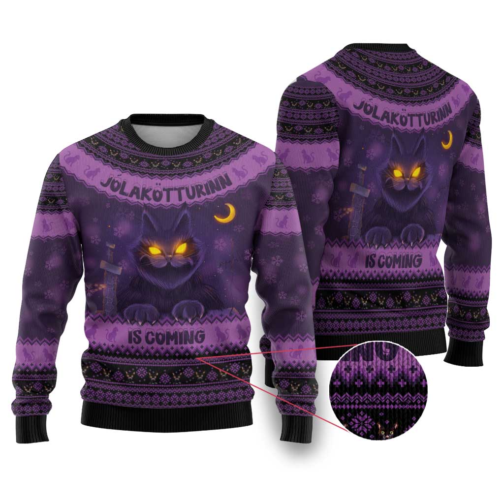 Dark purple ugly Christmas sweater with glowing cat face and 'IS COMING' print