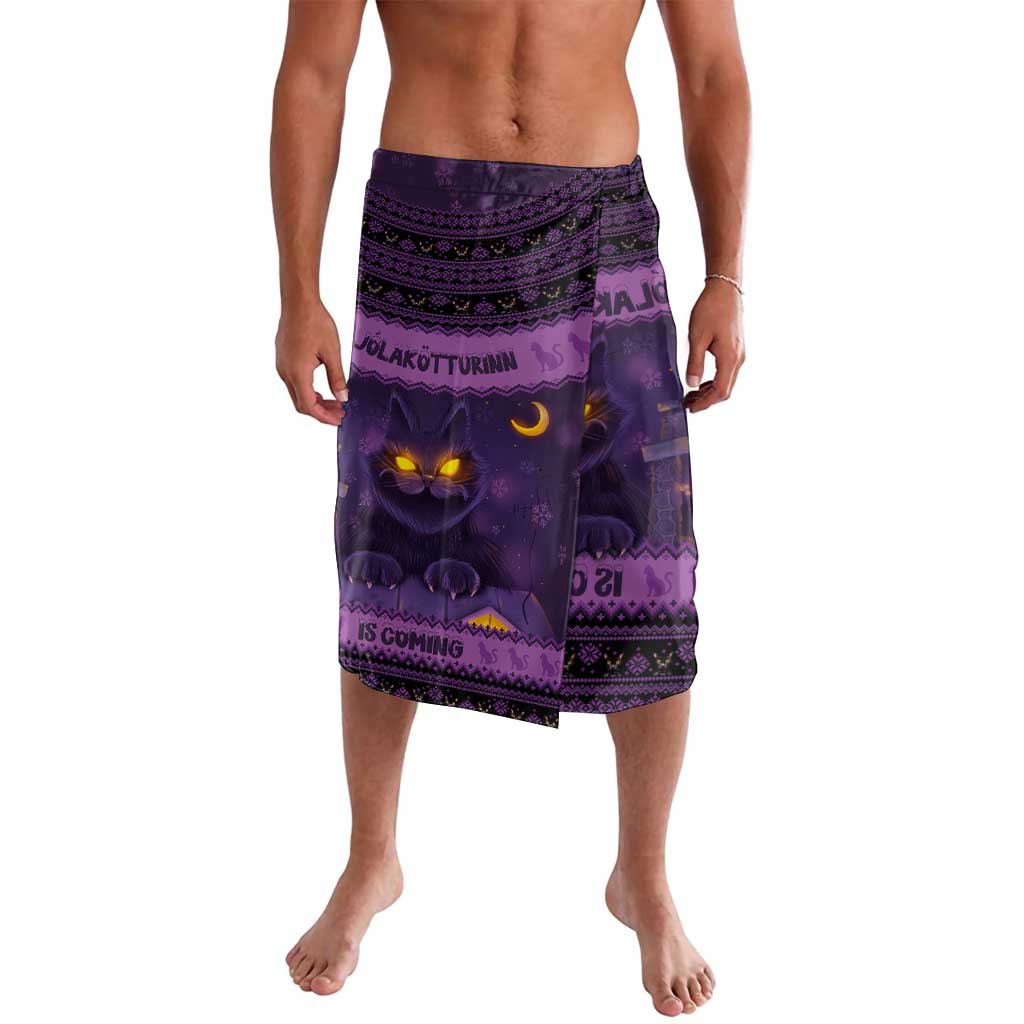 Men's dark purple printed lavalava skirt with glowing cat face and Nordic border pattern