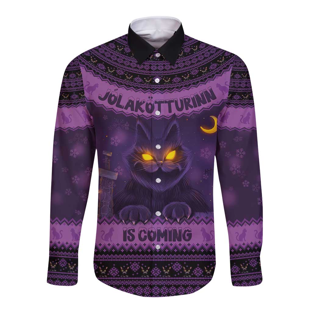 Unisex dark purple yule cat button shirt with Nordic knit pattern, long sleeves
