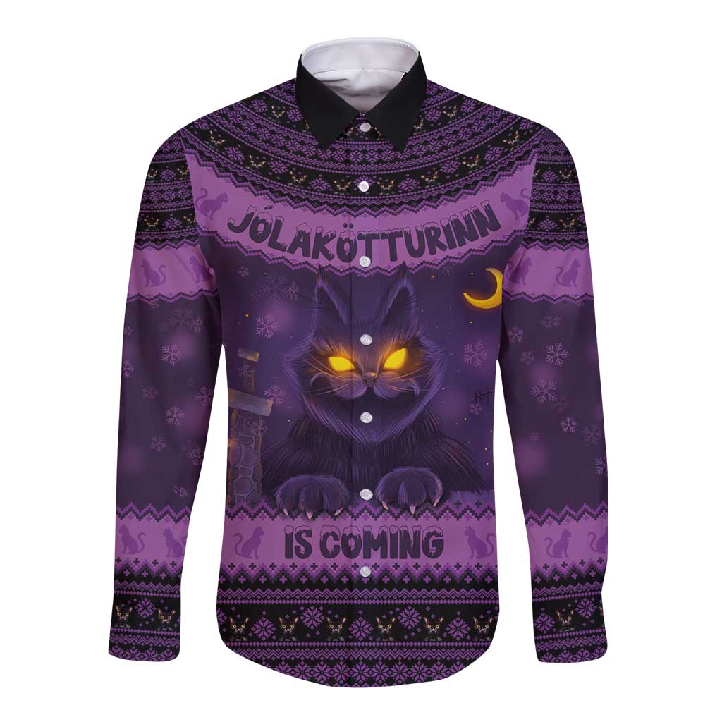 Iceland Jolakotturinn Christmas Long Sleeve Button Shirt Yule Cat and Nordic Traditional Pattern - Wonder Print Shop