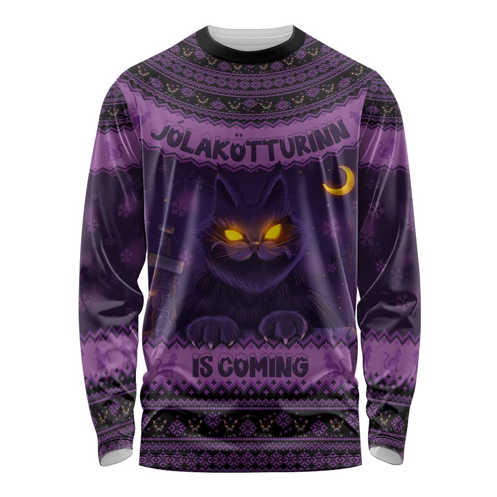Unisex dark purple Christmas long-sleeve shirt with cat face and Nordic yule pattern