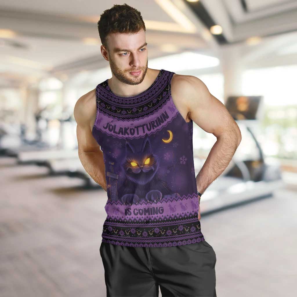Men's dark purple sleeveless tank top with glowing cat face and purple Nordic trim
