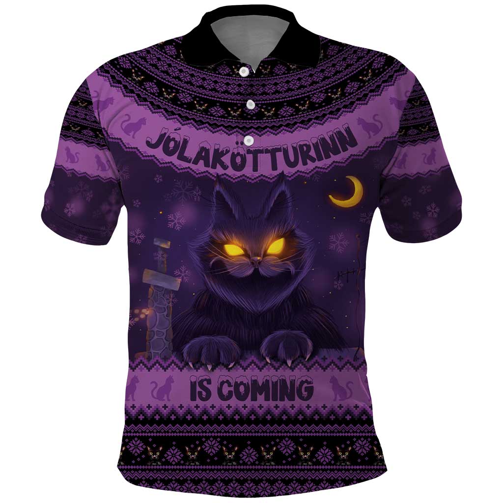 Dark purple Christmas polo shirt with Yule cat graphic and Nordic pattern, button collar