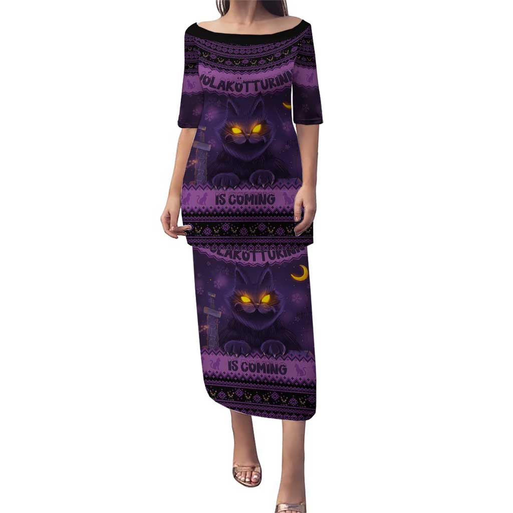 Dark purple long dress with short sleeves and cat face print