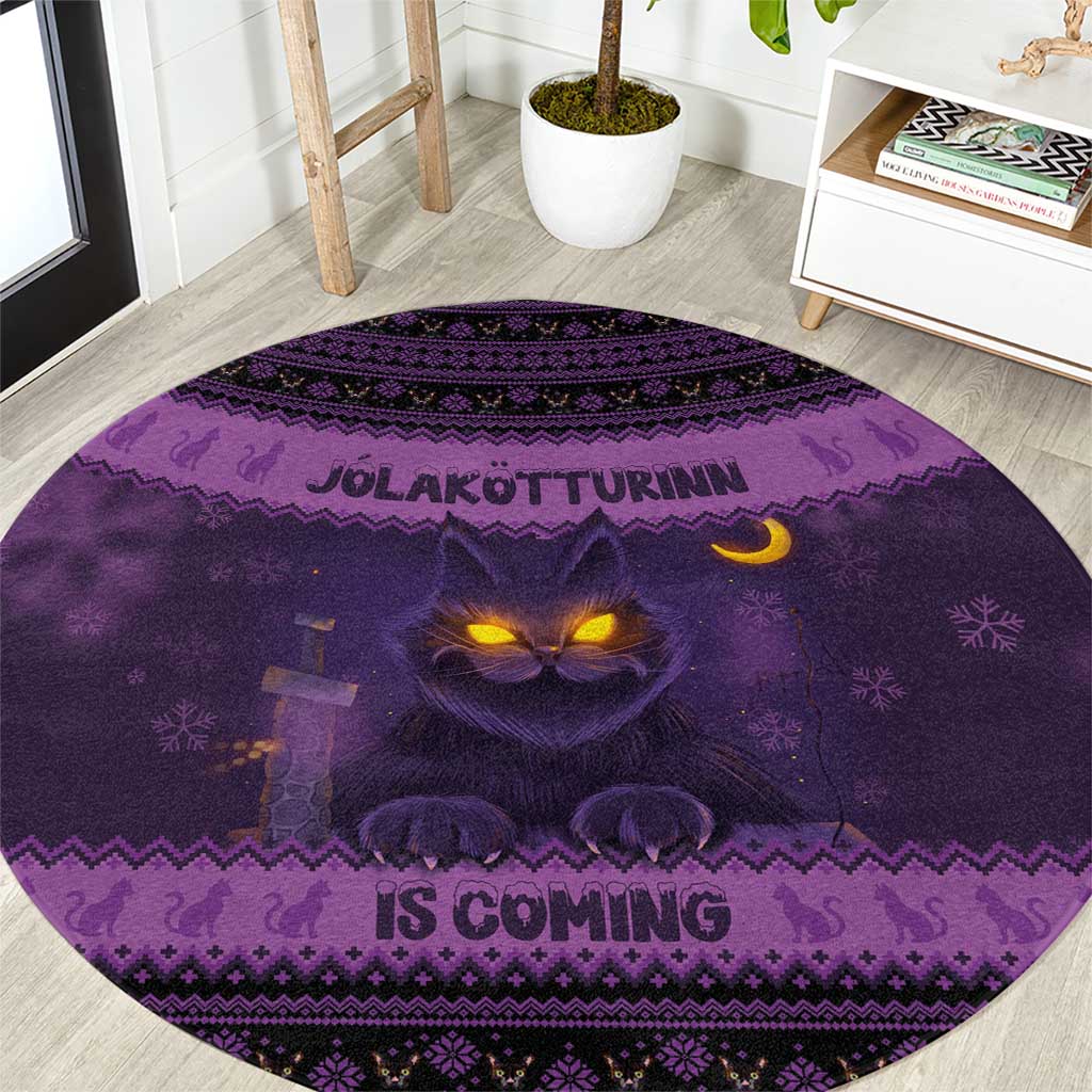 Dark purple round Christmas carpet with owl and cat graphic, Nordic pattern, text 'IS COMING'