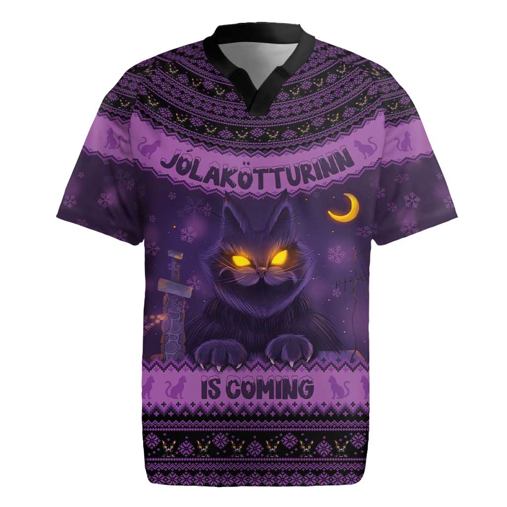 Dark purple Christmas rugby jersey with cat face, crescent moon, and Nordic trim