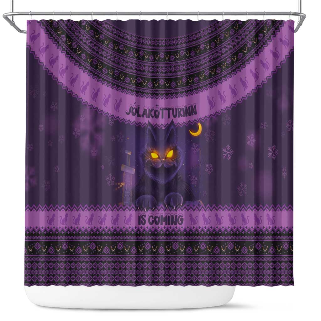 Dark purple Christmas shower curtain with glowing cat and Nordic patterned band