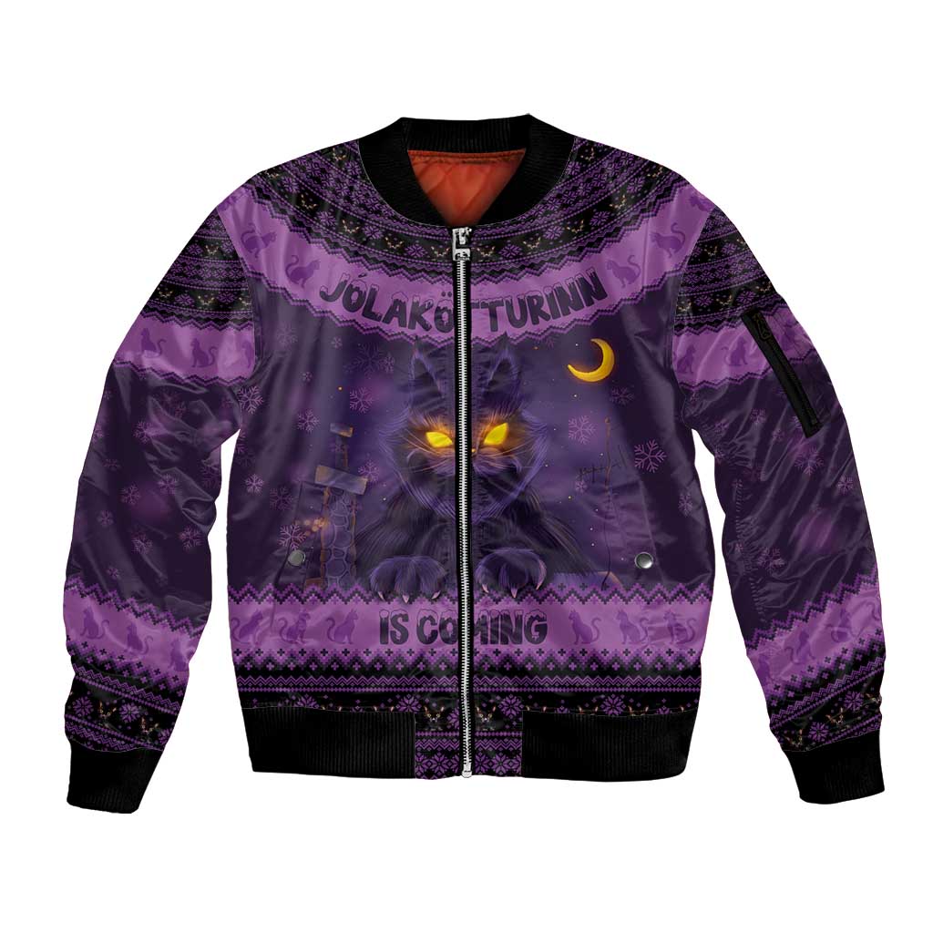 Unisex dark purple bomber jacket, front zip, glowing cat graphic and Nordic trim