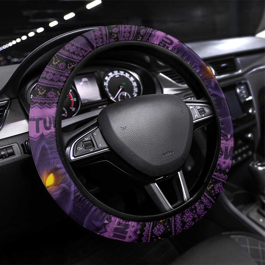 Dark purple steering wheel cover with black trim and Nordic-style geometric pattern