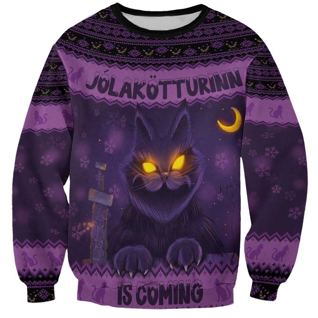 Unisex dark purple Christmas sweatshirt with roaring cat graphic, crescent moon, Nordic pattern