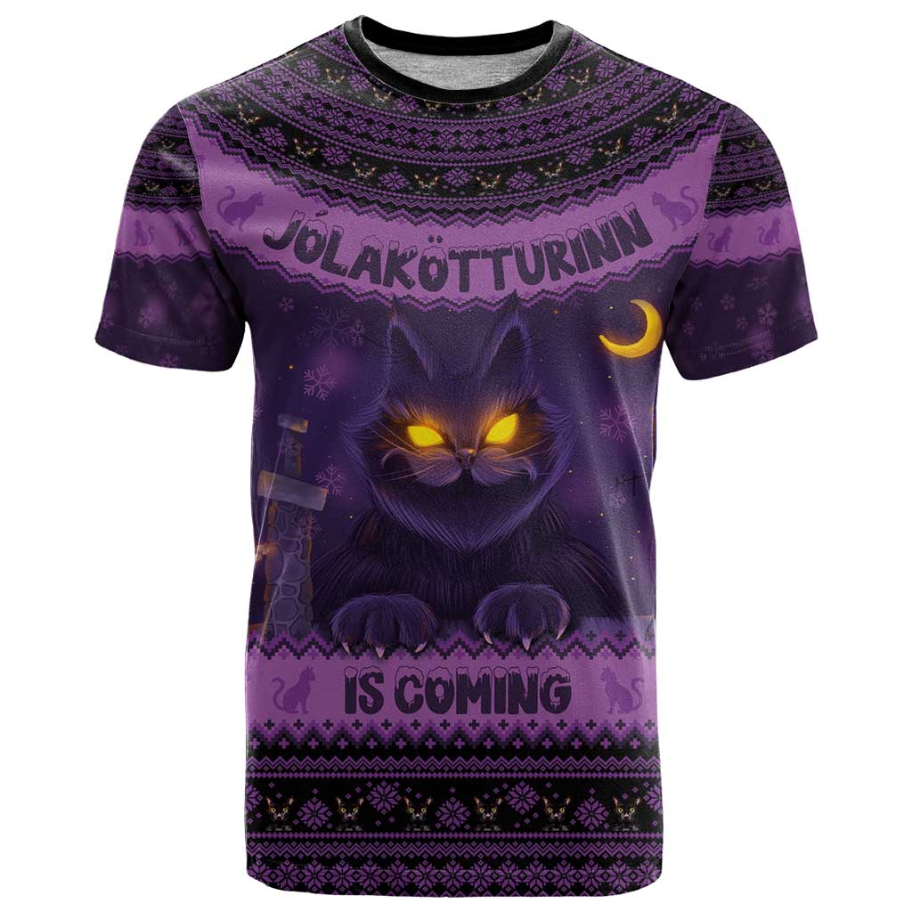 Dark purple Christmas T-shirt with glowing cat face, moon, and Nordic pattern graphic