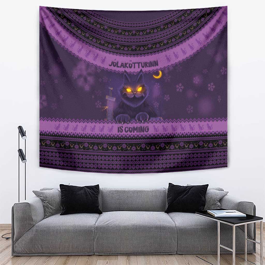 Dark purple Christmas tapestry with glowing cat face, crescent moon, Nordic pattern bands