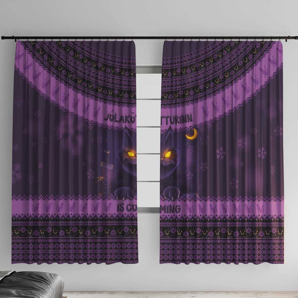 Dark purple two-panel Christmas window curtain with glowing cat face and Nordic border pattern