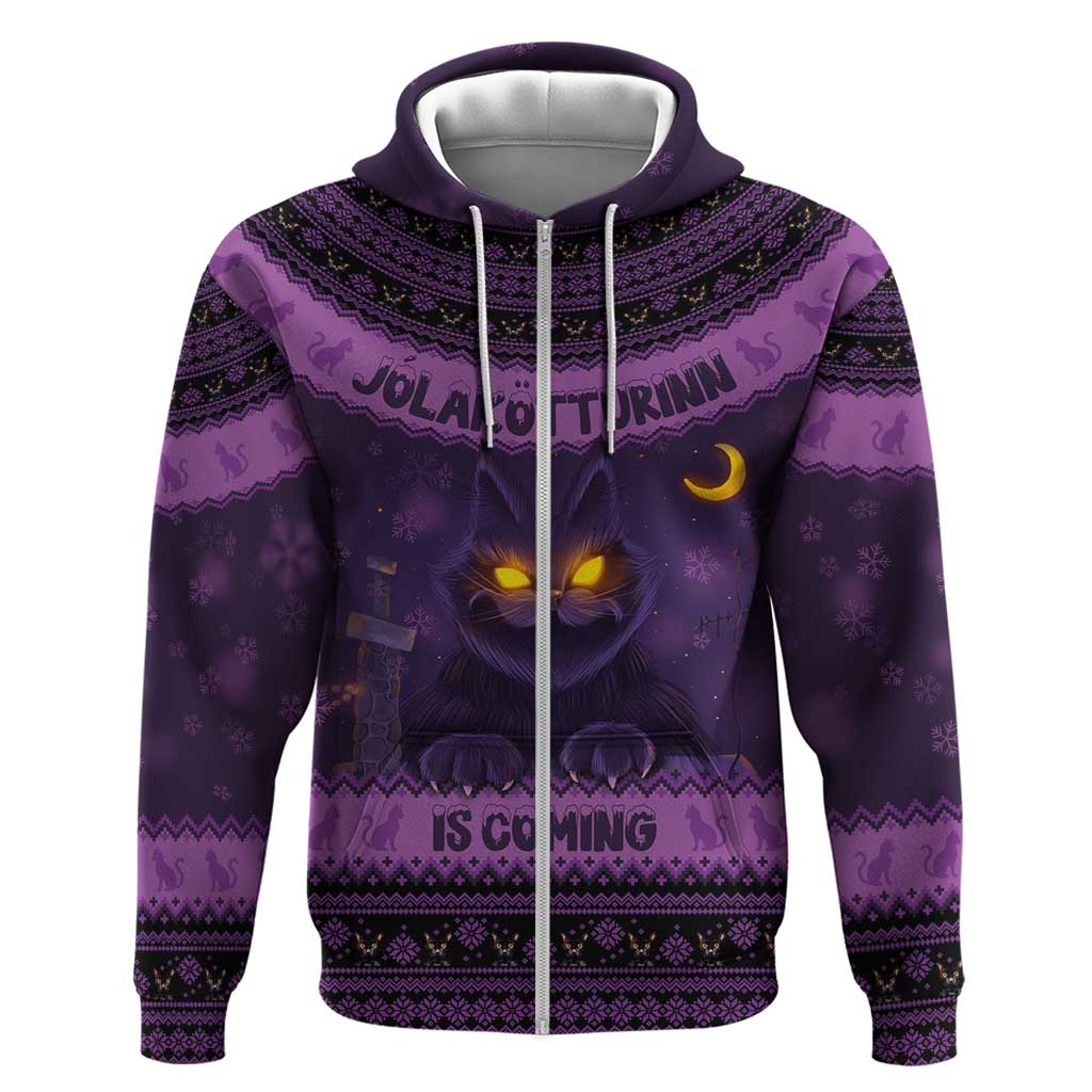 Iceland Jolakotturinn Christmas Zip Hoodie Yule Cat and Nordic Traditional Pattern