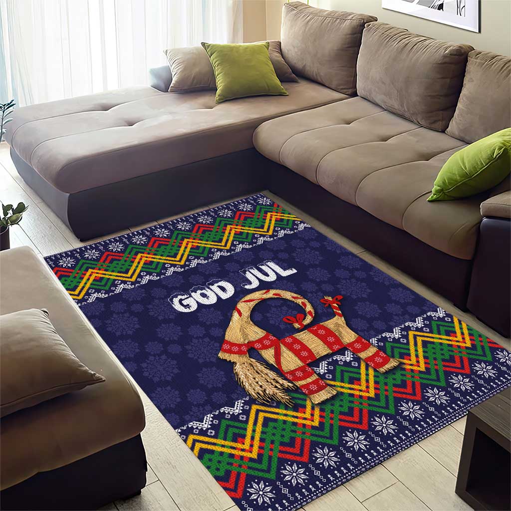 Dark blue Christmas area rug with God Jul lettering and colorful folk patterns around goat
