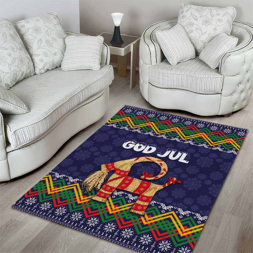 Dark blue Christmas area rug featuring God Jul text and red-and-yellow goat figure