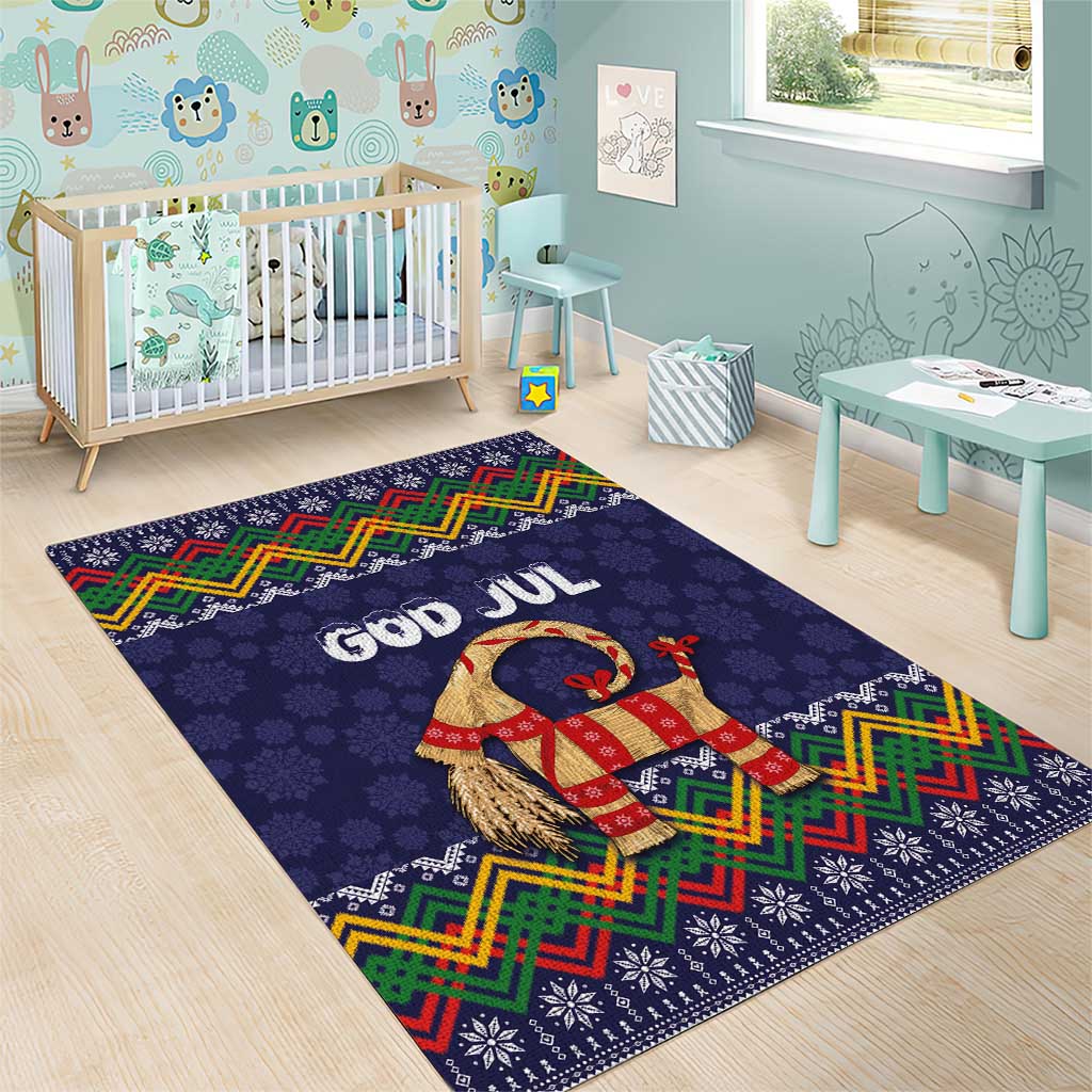 Dark blue Christmas area rug with God Jul wording, snowflake border, and goat motif