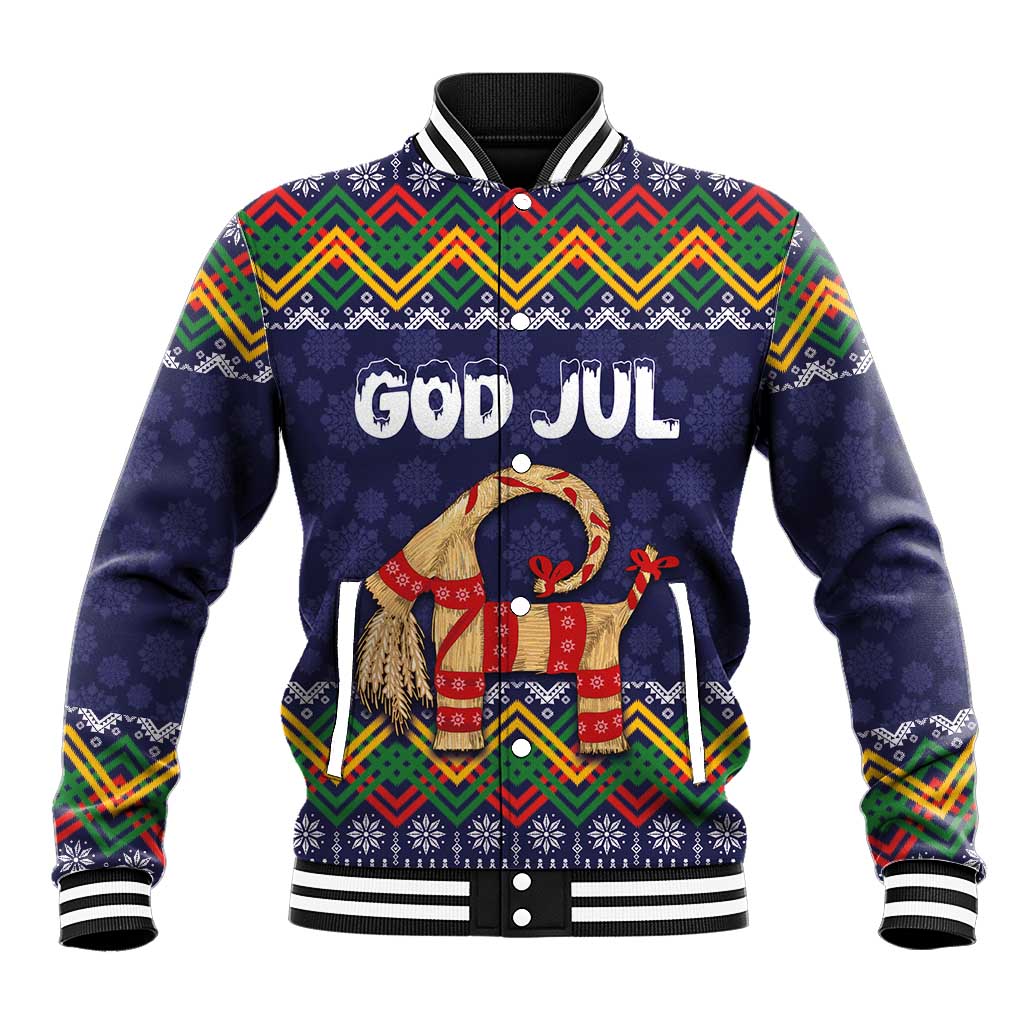 Unisex dark blue baseball jacket with folk pattern, striped cuffs, GOD JUL goat graphic