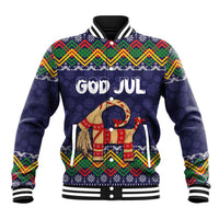 Unisex dark blue baseball jacket with folk pattern, striped cuffs, GOD JUL goat graphic