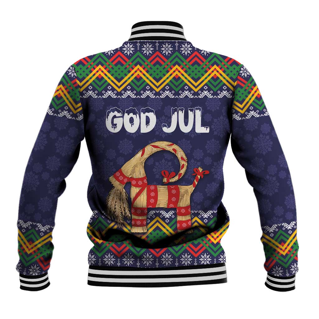 Unisex dark blue baseball jacket back with folk pattern, striped collar, GOD JUL goat graphic