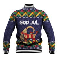 Unisex dark blue baseball jacket back with folk pattern, striped collar, GOD JUL goat graphic
