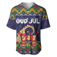 Dark blue Christmas baseball jersey with folk pattern, 'GOD JUL' text and goat graphic