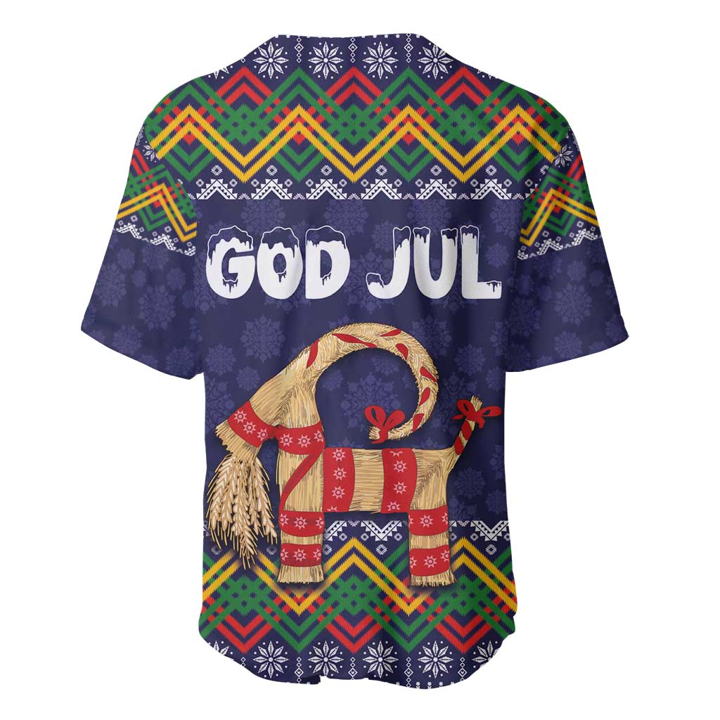Dark blue Christmas baseball jersey with folk pattern, 'GOD JUL' text and goat graphic (back)
