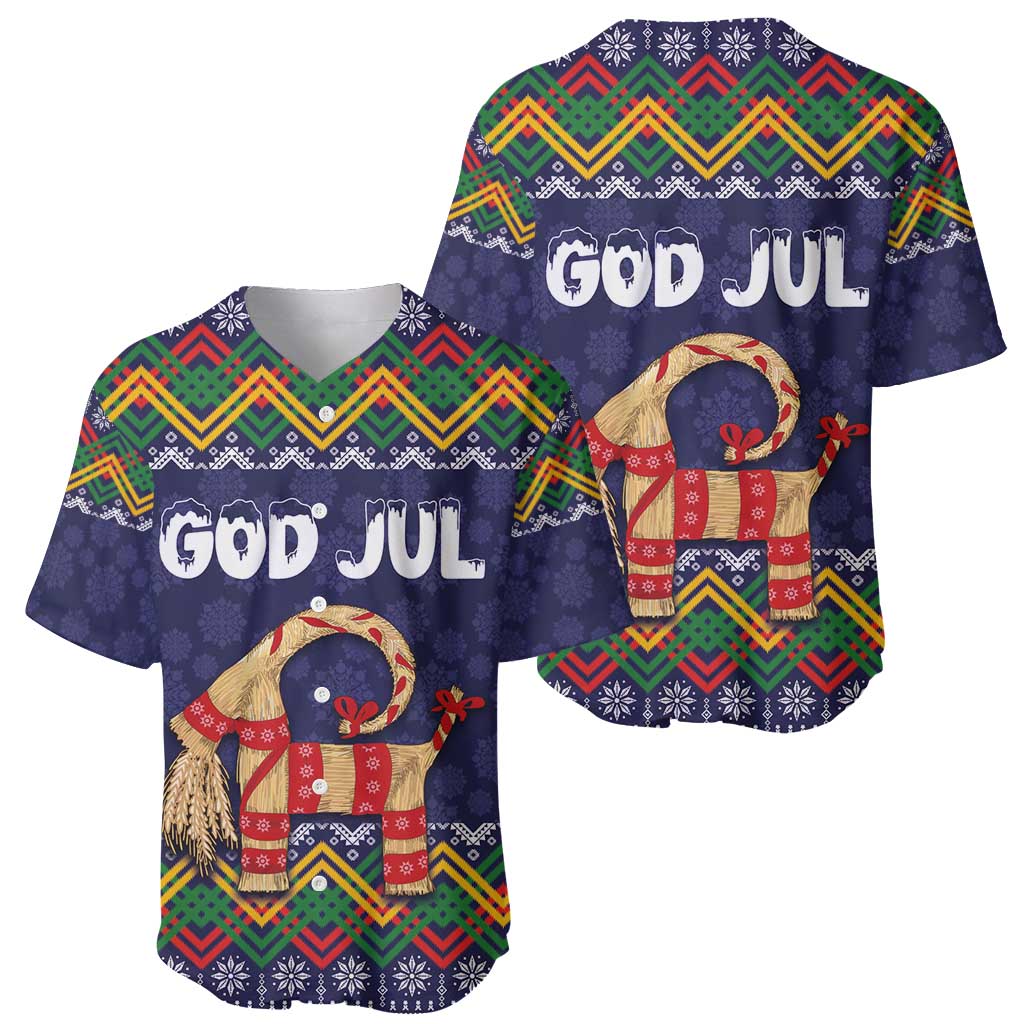 Two dark blue Christmas baseball jerseys with folk pattern, 'GOD JUL' and goat graphics