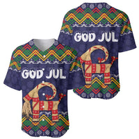 Two dark blue Christmas baseball jerseys with folk pattern, 'GOD JUL' and goat graphics