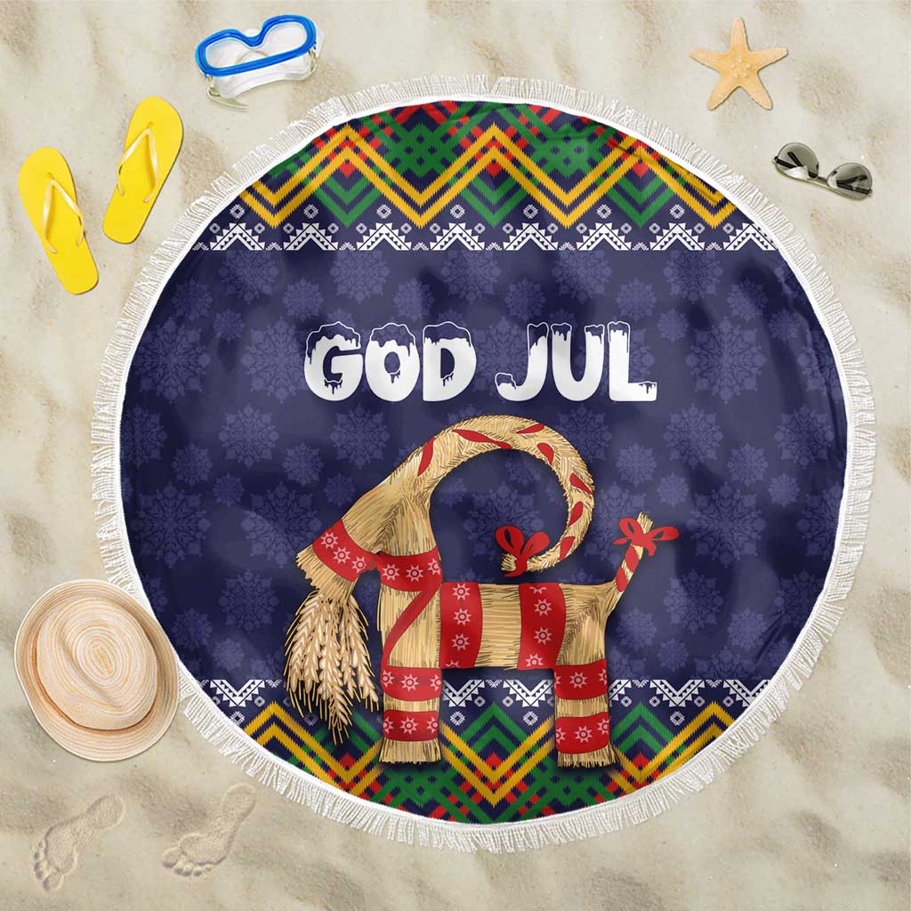 Round dark blue Christmas beach blanket with fringe edge and 'GOD JUL' goat graphic