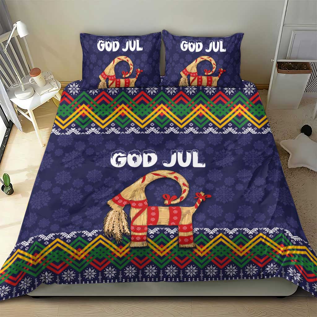 Dark blue bedding set on bed: 'GOD JUL' headline, red goat figure, and multicolor pattern stripe