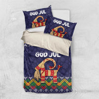 Dark blue Christmas bedding set with duvet and two pillows, 'GOD JUL' and goat folk artwork