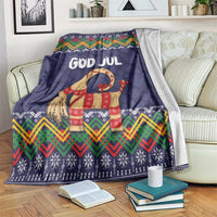 Dark blue Christmas blanket with GOD JUL text, zigzag border, and goat graphic