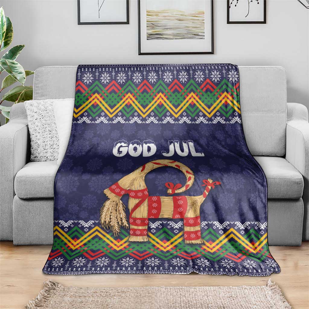 Dark blue Christmas throw blanket with GOD JUL, goat motif, and multicolor chevron band