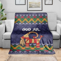 Dark blue Christmas throw blanket with GOD JUL, goat motif, and multicolor chevron band