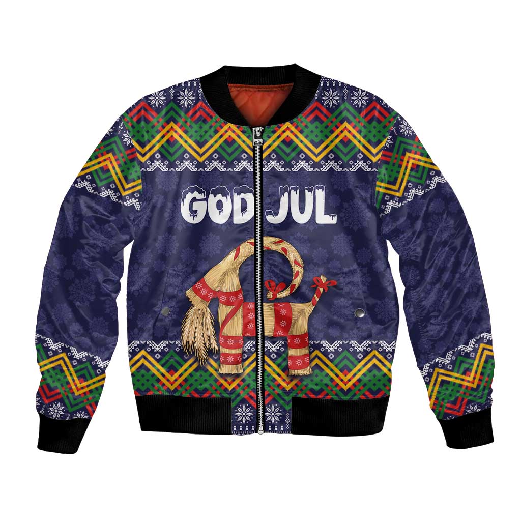 Unisex dark blue bomber jacket with folk pattern, goat graphic, front zip, 'GOD JUL'