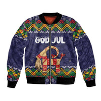 Unisex dark blue bomber jacket with folk pattern, goat graphic, front zip, 'GOD JUL'