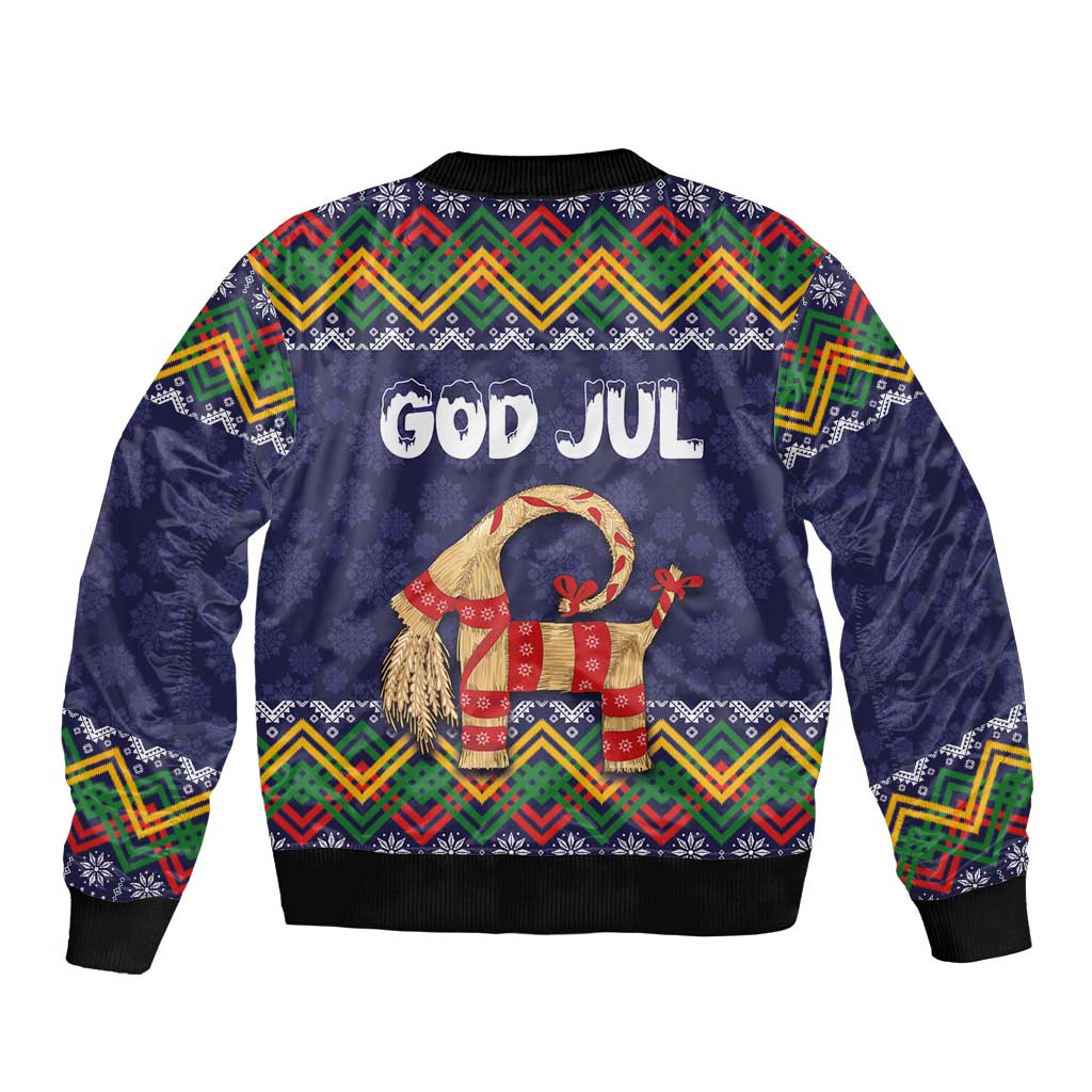 Unisex dark blue bomber jacket with folk pattern and centered goat graphic, 'GOD JUL'
