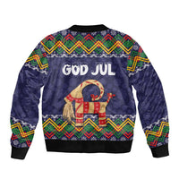 Unisex dark blue bomber jacket with folk pattern and centered goat graphic, 'GOD JUL'