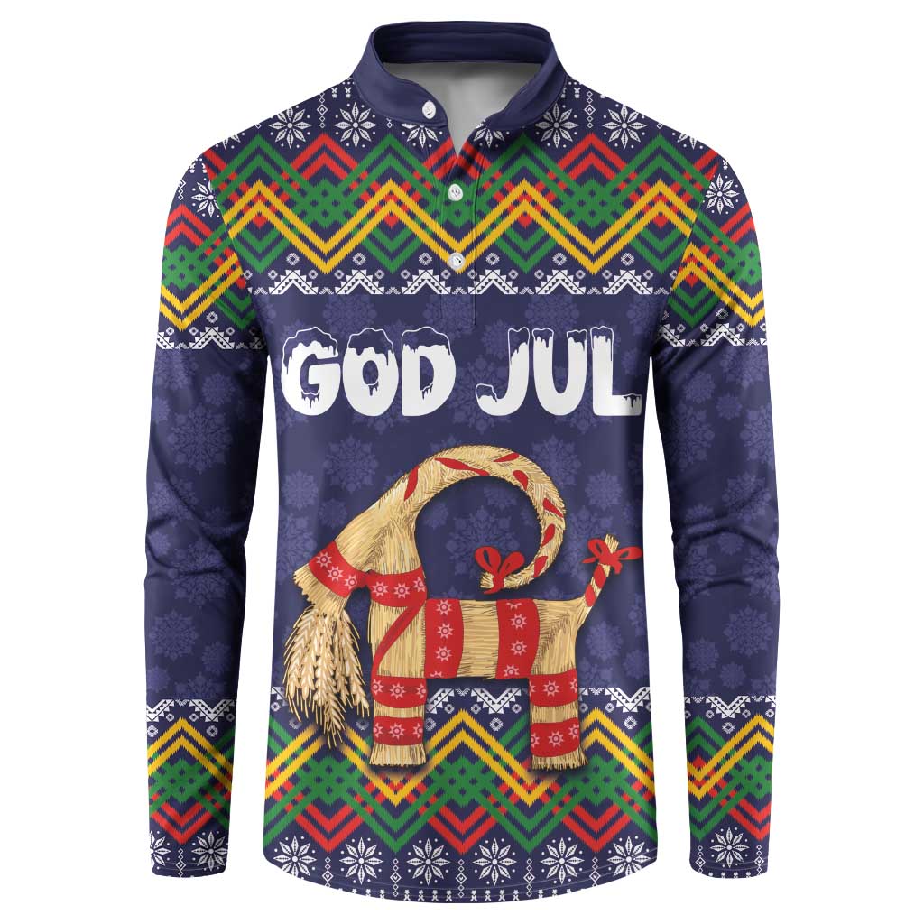 Navy button-up sweatshirt with multicolor folk pattern, 'God Jul' print, and goat graphic