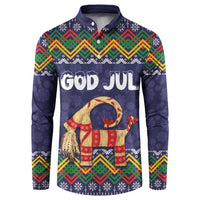 Navy button-up sweatshirt with multicolor folk pattern, 'God Jul' print, and goat graphic