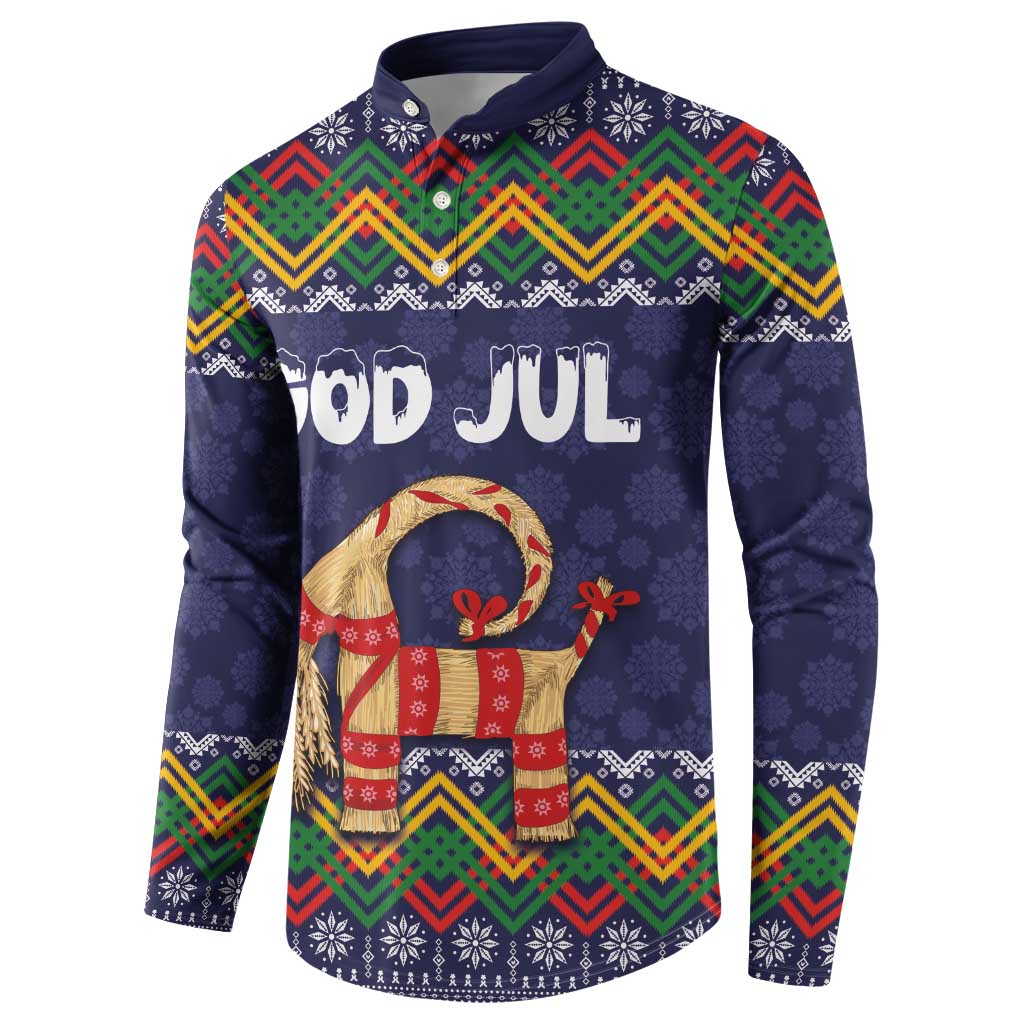 Navy button-up sweatshirt with 'God Jul' text and colorful striped goat holiday graphic