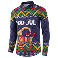 Navy button-up sweatshirt with 'God Jul' text and colorful striped goat holiday graphic
