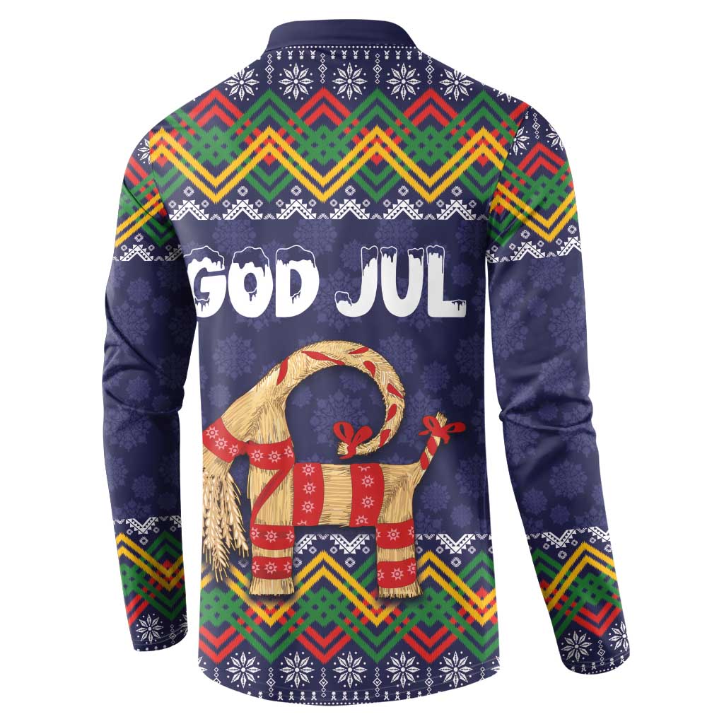 Navy button-up sweatshirt with 'God Jul' on back and striped goat graphic, long sleeves